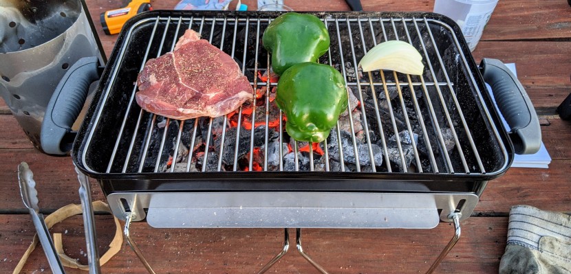 portable grill - notice the three different heat zones possible with the weber...