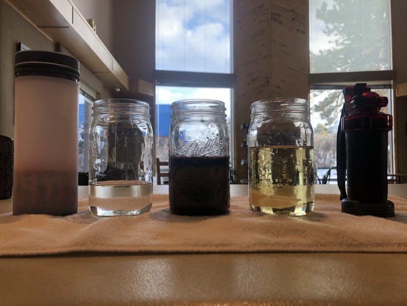 backpacking water filter - the grayl geopress (left) does the best in our water quality tests...