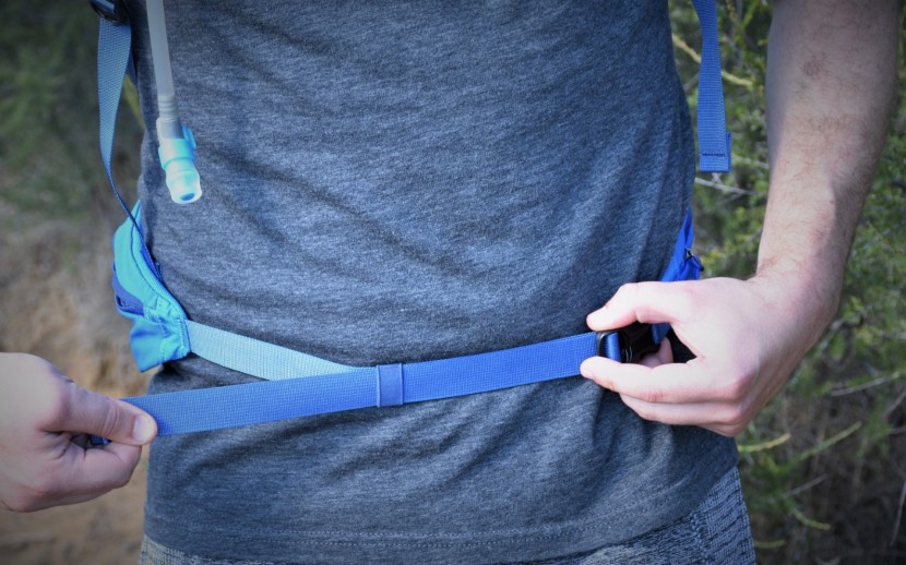 patagonia nine trails 14l - the hip belt buckle is all the way at the left hip, rather than in...