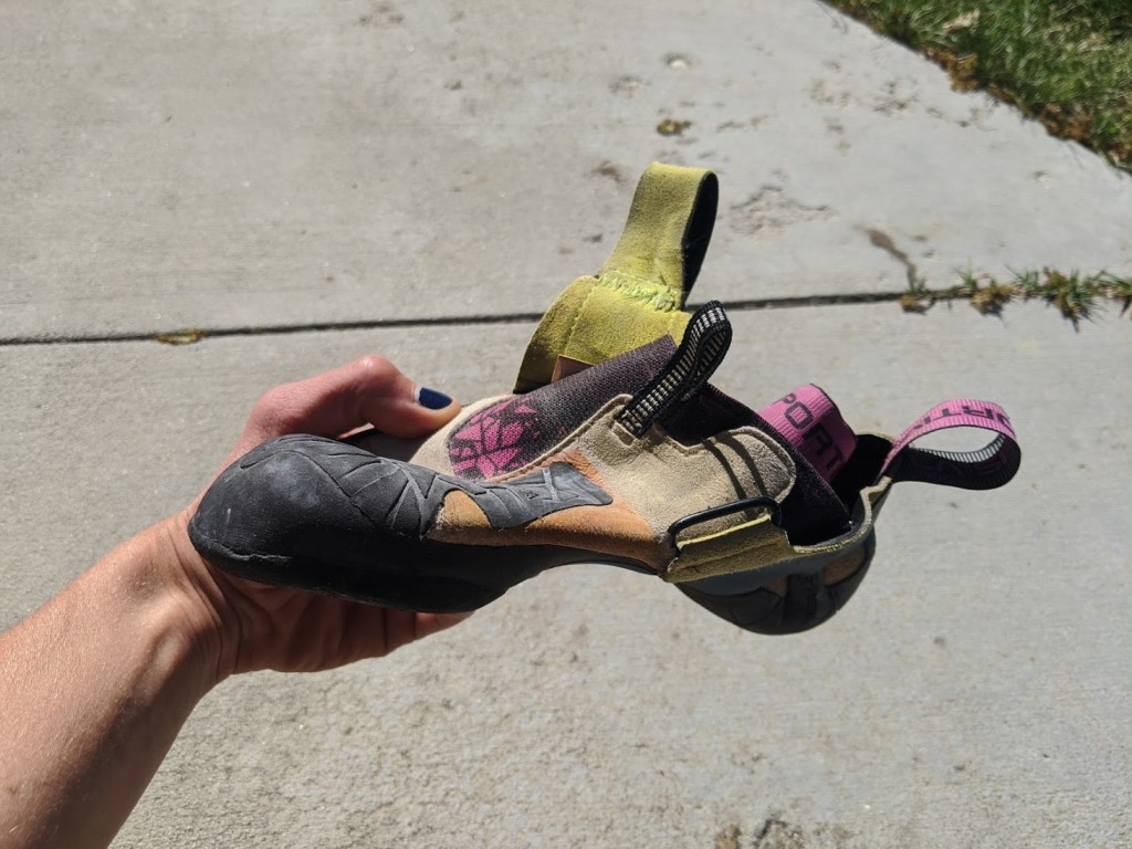 climbing shoes womens - a well-loved, much worn pair of skwamas that look like they've...
