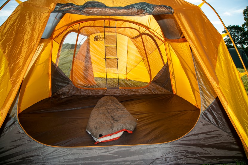 camping tent - looking in the back door/vestibule of an older version of the...