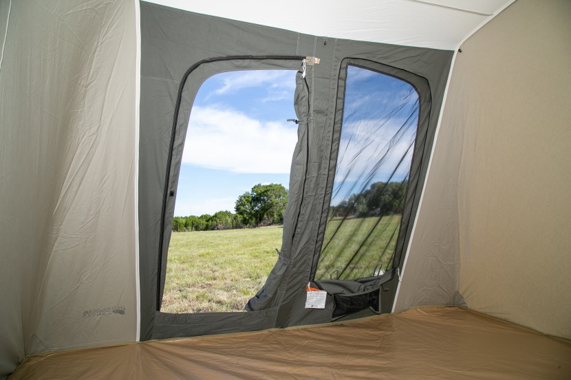 kodiak canvas 6-person flex-bow - cool interior, literally.  looking out the back door of the...