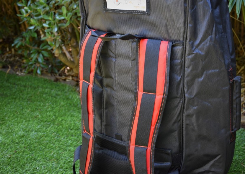 the included carrying bag has backpack straps that can be stowed away.