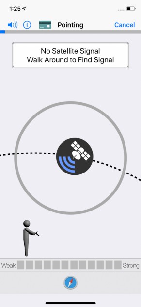 higher ground satpaq - app screen, prompting the user to seek better reception. this is a...