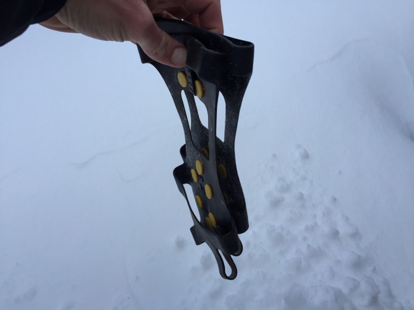 snow grips - in general, the cleat-style grips are lightest and pack the smallest.