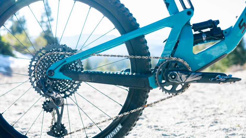 the sram xo1 12-speed drivetrain is paired with carbon cranks. santa...