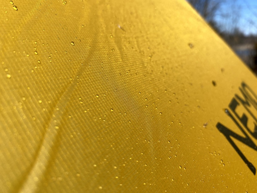 nemo hornet elite 2 - water beads and rolls off of the ripstop nylon rain fly.