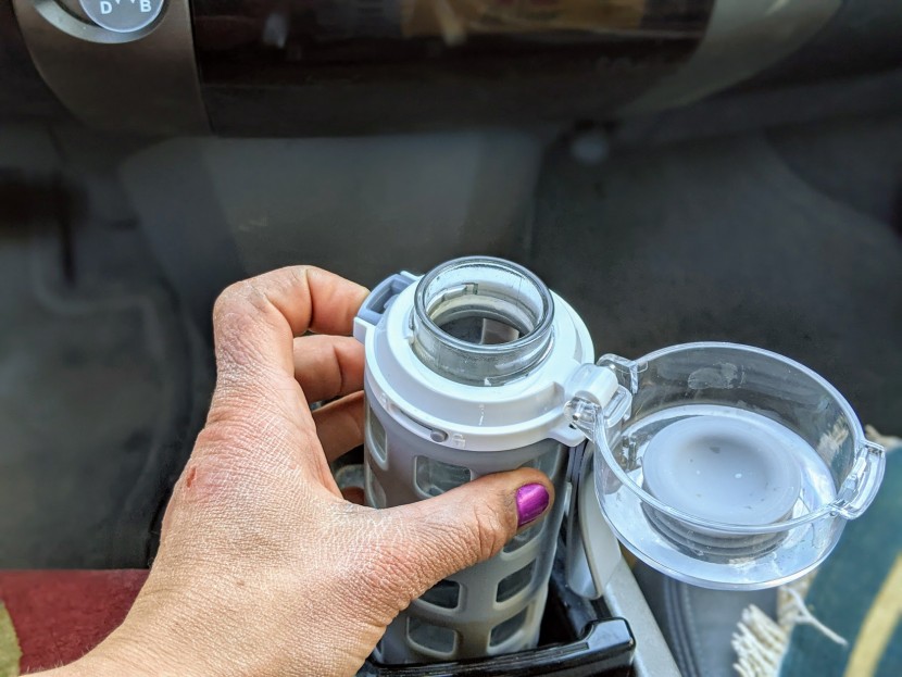 water bottle - this flip cap is great for driving with its one-handed operation.