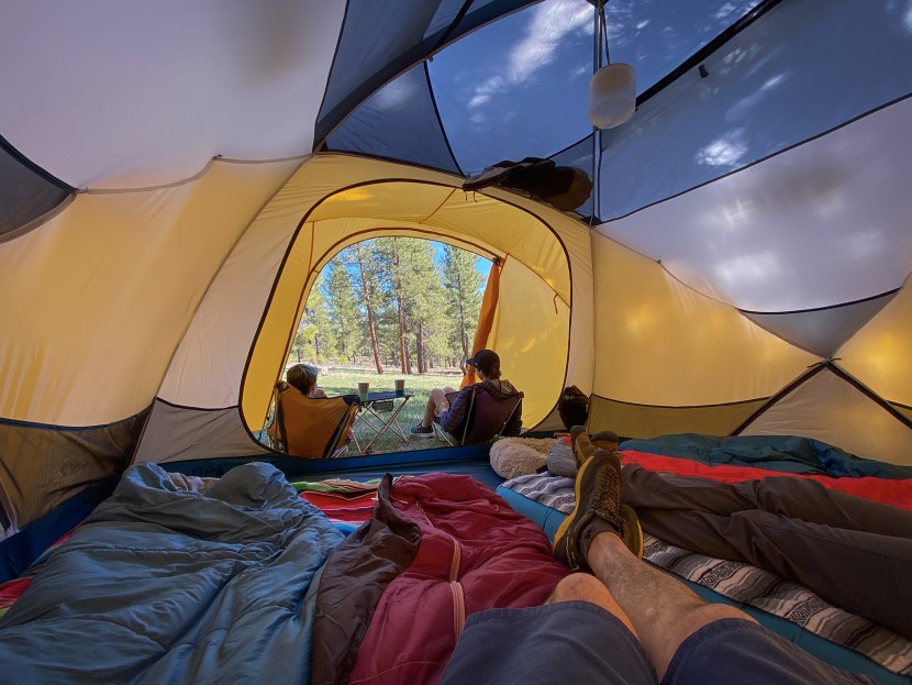 camping tent - tent up, beds made, kids happy. the rei co-op base camp 6 is a great...