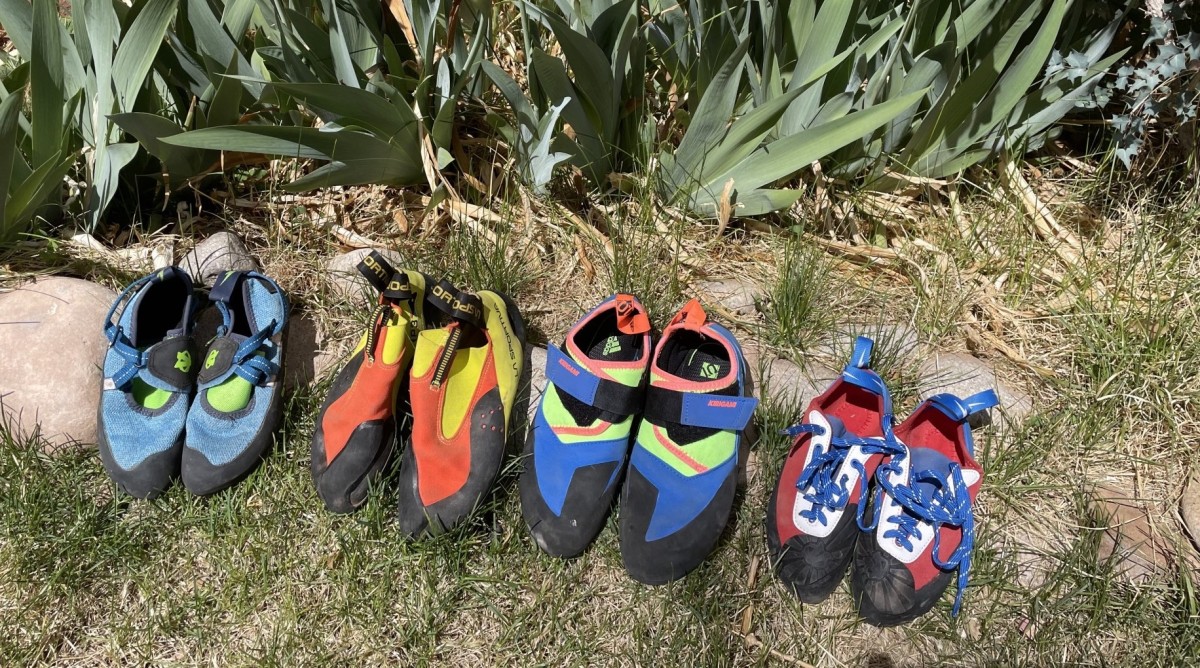 Best Climbing Shoes Kids Review (Some of our award-winners from left to right: Evolv Venga, La Sportiva Maverink, Five Ten Kirigami, Evolv Ashima.)