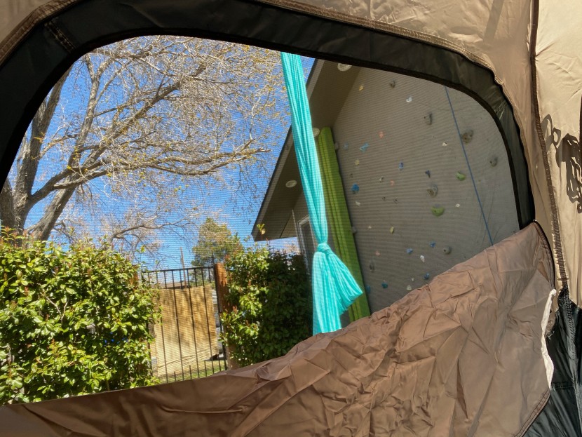 coleman 4-person cabin with instant setup - the surprising large windows unfortunately have nowhere to tuck away...