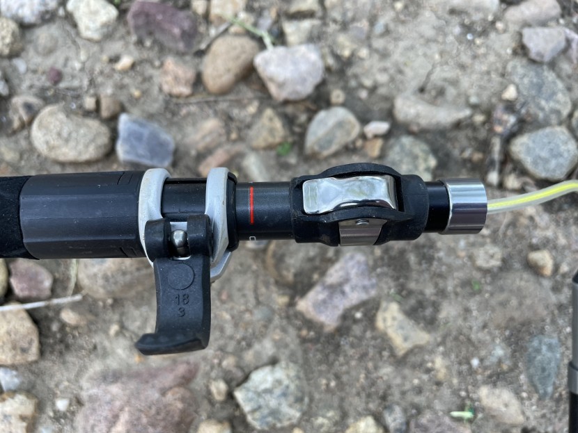 leki micro vario carbon - the micro vario carbon's plastic lever lock (left) and extension...