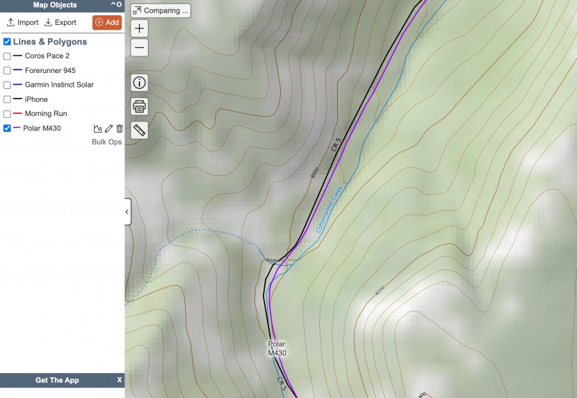 polar m430 hr - here we see the polar m430 tracks in purple alongside the road...