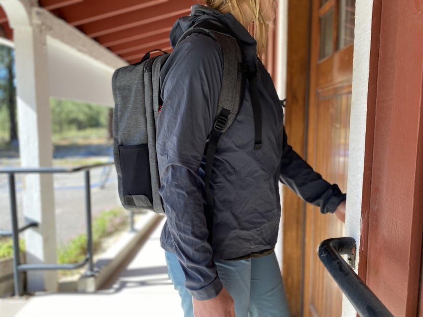 two wheel gear backpack convertible - heading into work with the backpack strapped up and ready to go.