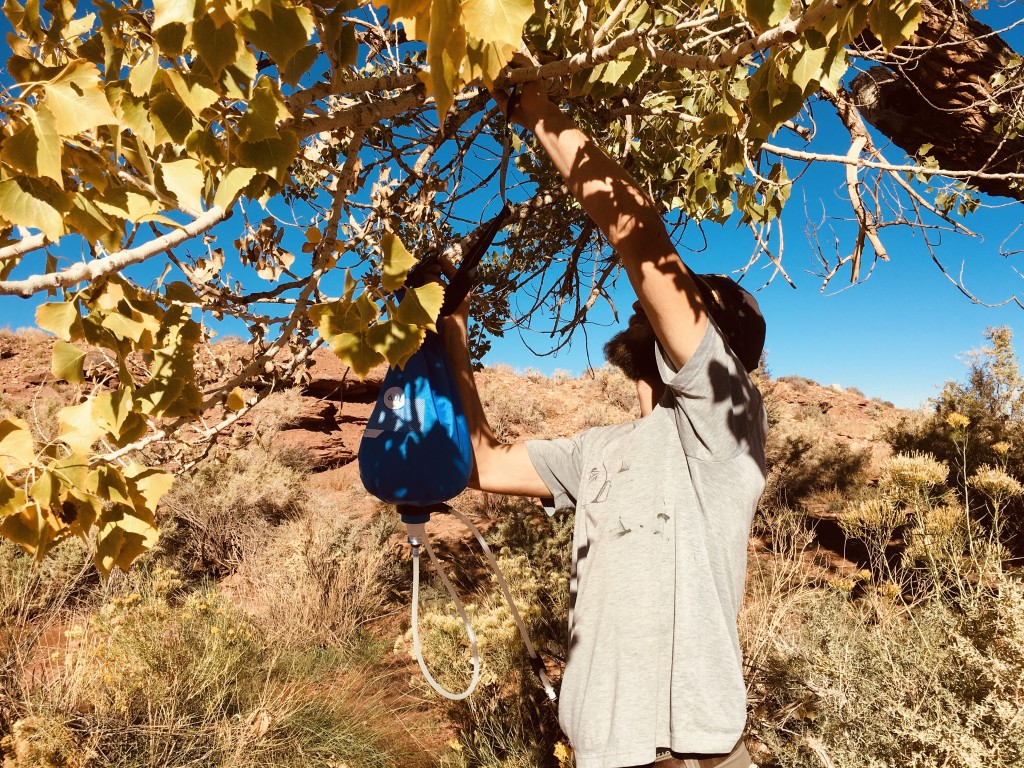 backpacking water filter - toby swimmer hangs the katadyn befree gravity 6l from this...