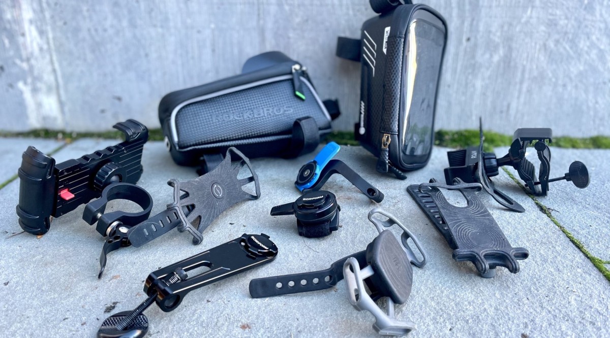 Best Bike Phone Mount Review (A view of all of the bike phone mounts in the review.)