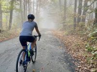 Testing on a gravel ride on a foggy fall day.