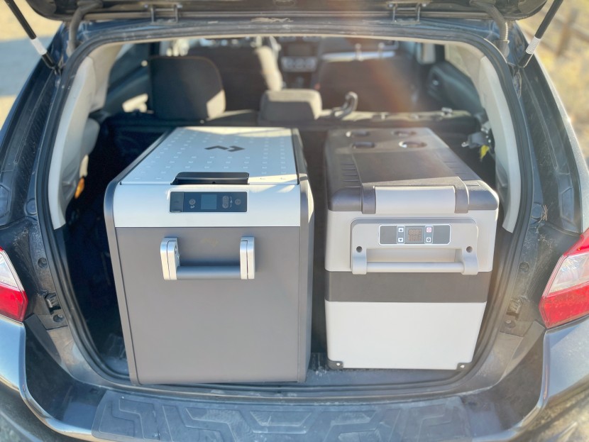 the alpicool (right) next to the dometic cfx3 (left). both draw...