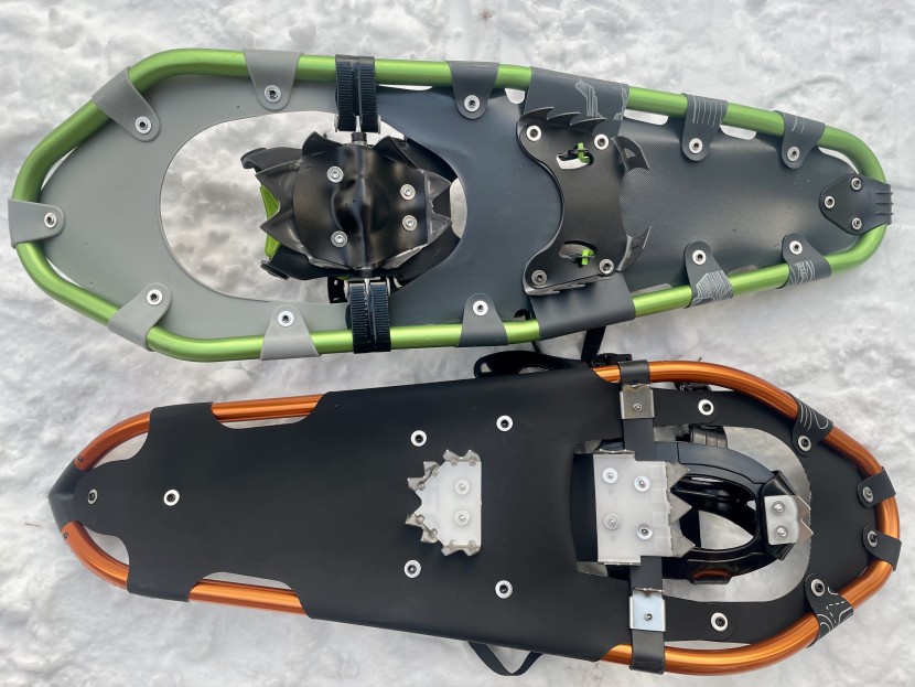 snowshoes - these two models feature flexible plastic and fabric deck material...
