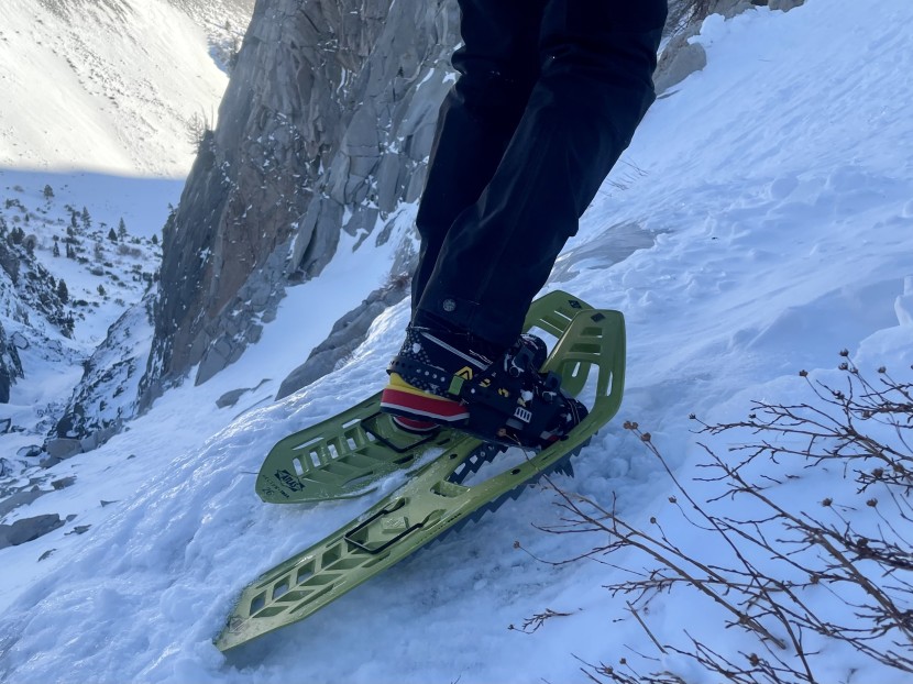 snowshoes - when things get steep and technical we prefer a hinged binding.