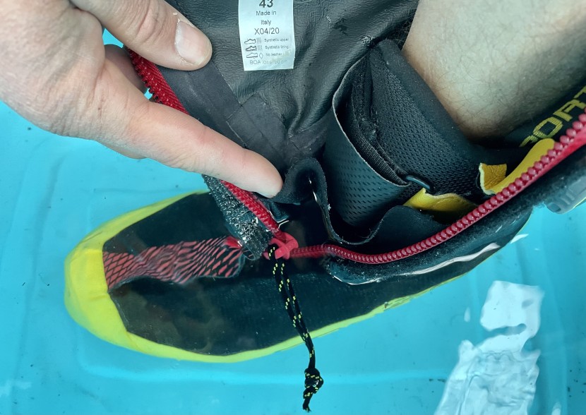 la sportiva g5 evo - the top of this flap of black fabric is the 6-inch waterline.