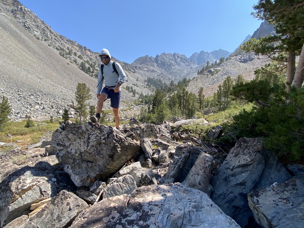 hiking boots men - bounding over talus on a long hike to a remote peak, lightweight...