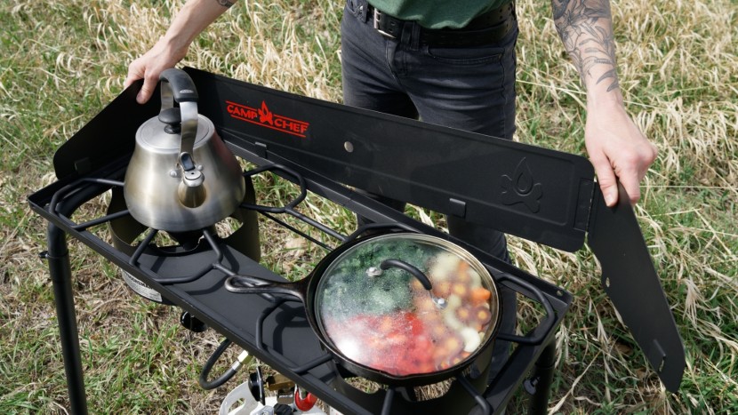 camp chef outdoorsman - the removable windscreen uses four tabs to slot onto the edge of the...
