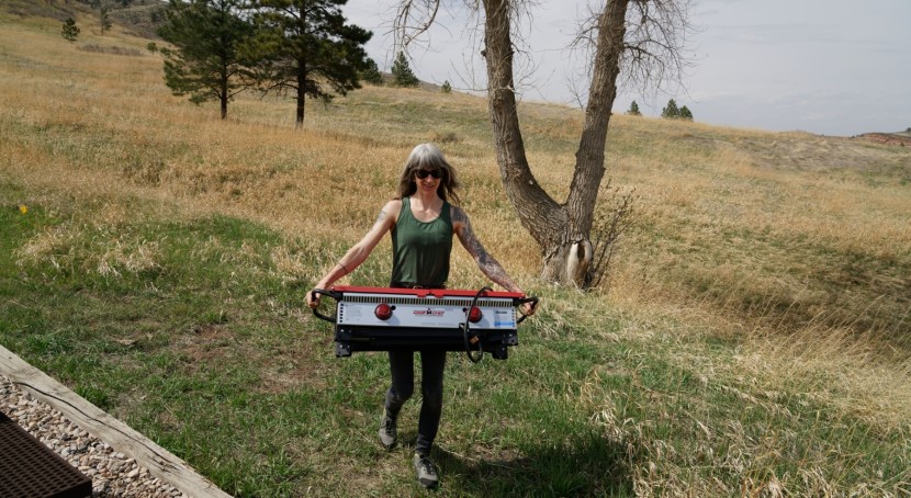 testing camping stove portability. side handles can make it...