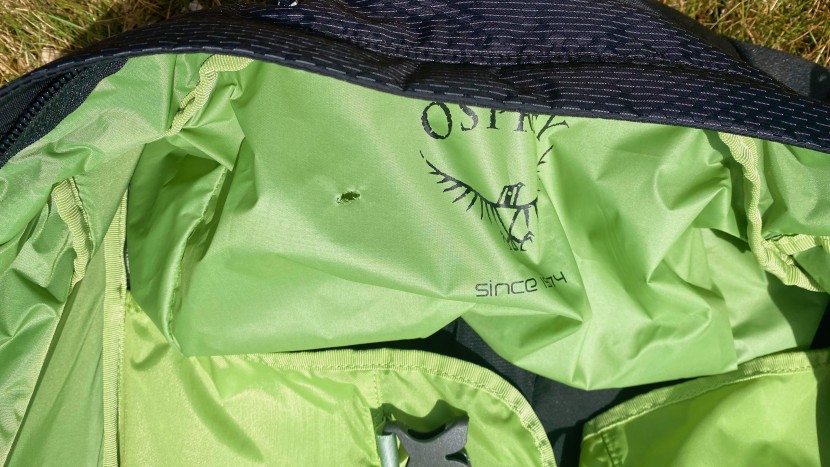 osprey ozone 75l wheeled - a small hole formed inside the inner lining during our testing period.