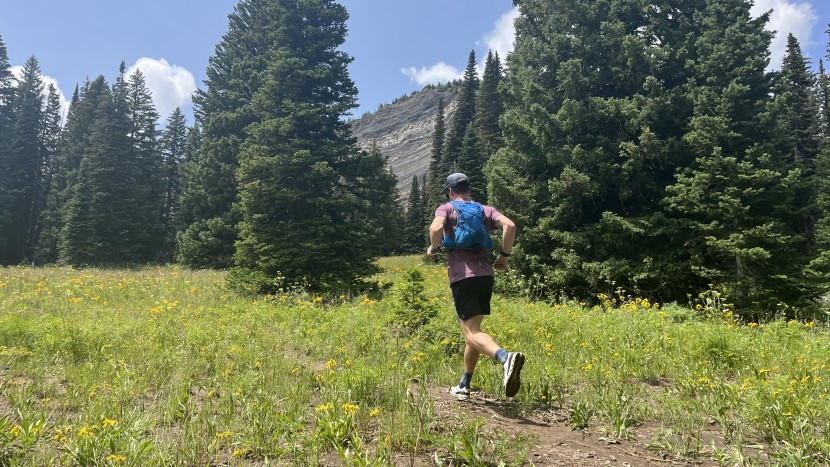 ultimate direction ultra vest 6.0 - a large rear pocket and a highly compressible elastic strap with...