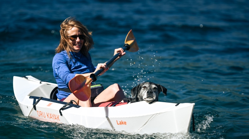 water gear - though it&#039;s a tight fit, we paddled this kayak-loving 80+ pound dog...