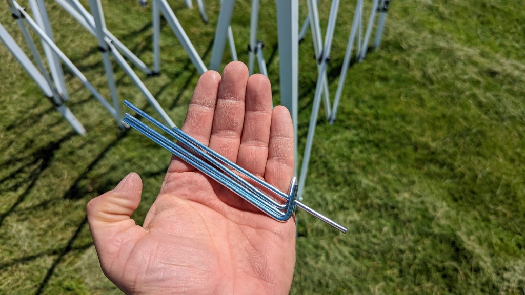 caravan canopy v-series - short, thin and cheap. we don't feel the stakes are enough and we...