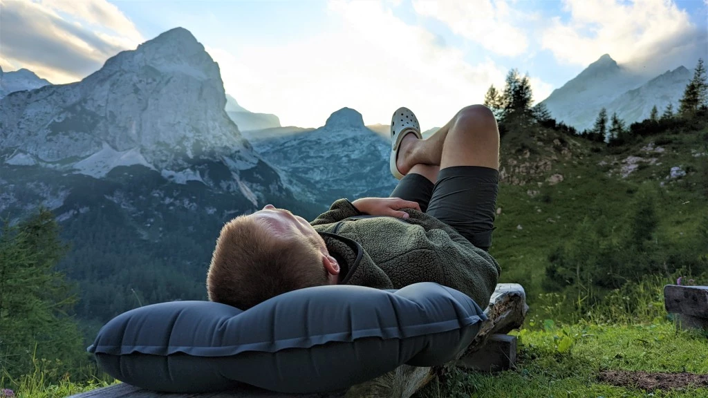 camping pillow - taking a snooze high up in the julian alps of slovenia. we feel a...