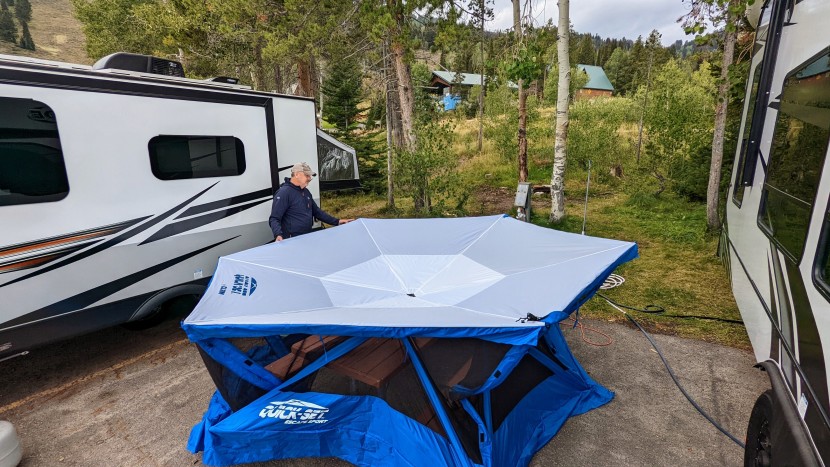 after letting go, the walls fall to the side exposing the roof top.