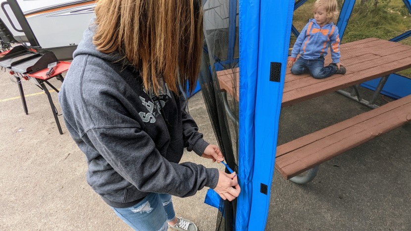 during the day, the escape's entrance can be unzipped and tied back...
