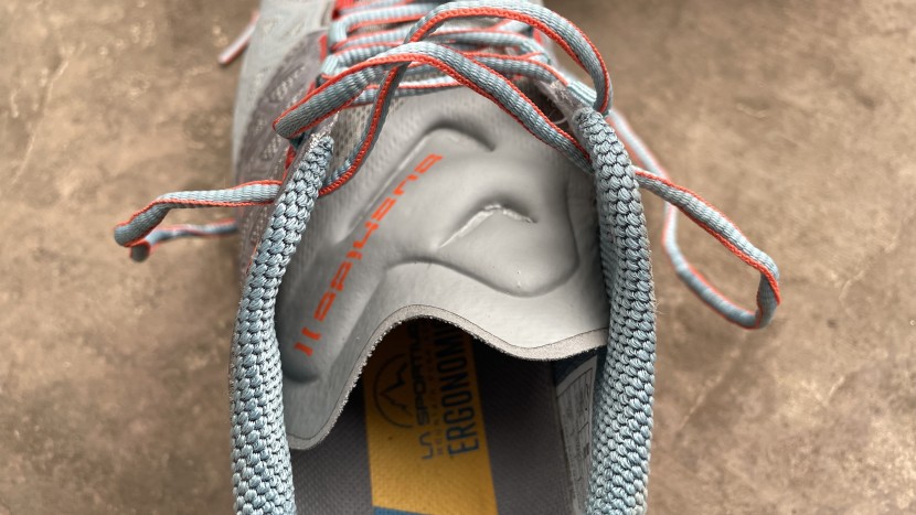 la sportiva bushido ii for women - a close-up look at the scant tongue cushioning. it provides just...