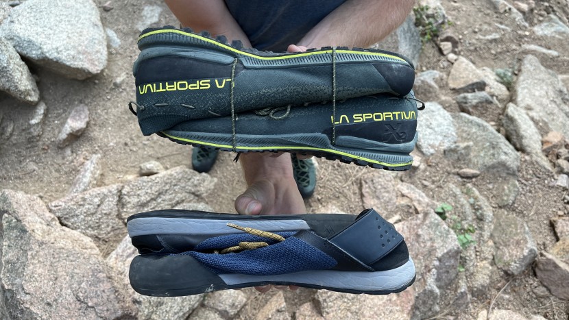 approach shoes - the la sportiva tx2 evo (top) packs down small enough to easily fit...