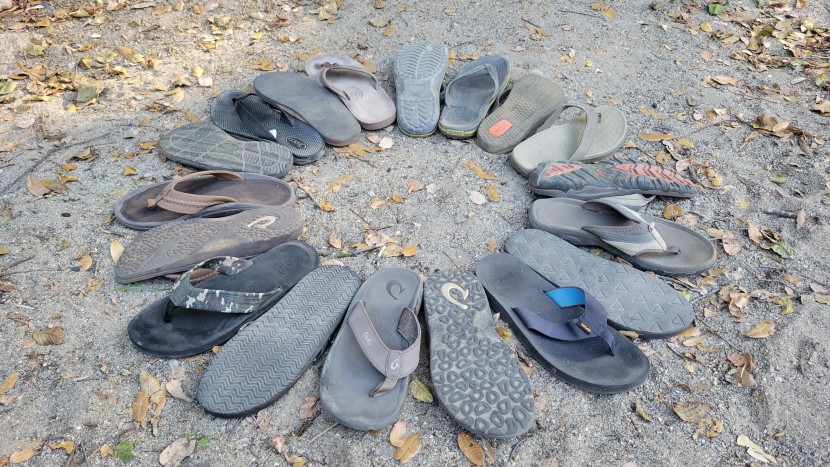flip flops men - flip flops all lined up for extensive testing.