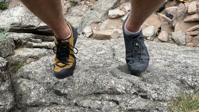 approach shoes - testing approach shoes side-by-side on a smeary granite route in...