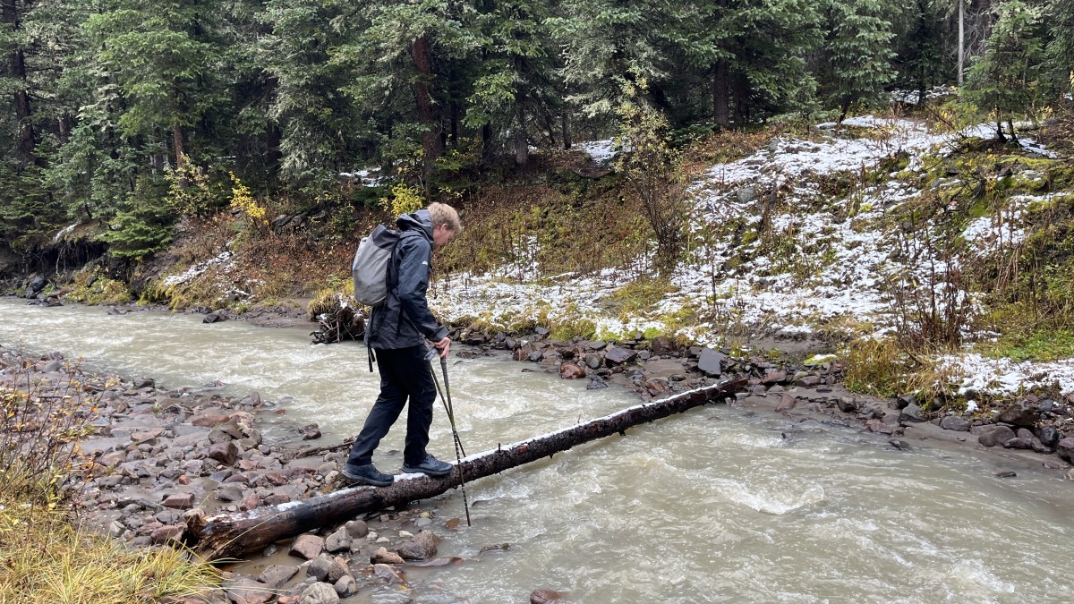 Kelty Upslope 2.0 Review (Using the Kelty Upslope 2.0 to cross a log over a swollen creek.)