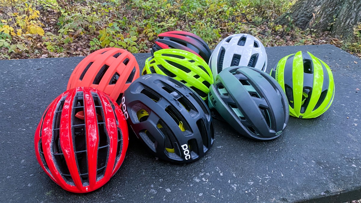 Best Road Bike Helmet Review (A group shot of the most recent helmets on test show their many unique styles and venting strategies)