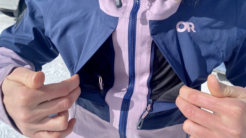outdoor research skytour ascentshell for women - both chest pockets rely on a flap of fabric, not a water resistant...
