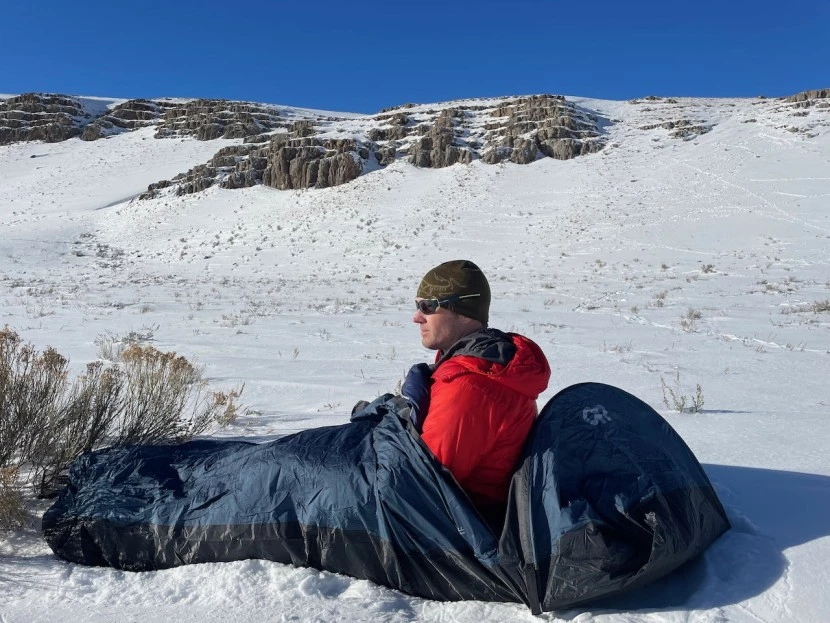 OR Alpine AscentShell bivy in winter mountain conditions