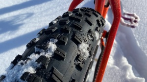 The 3.8-inch wide Maxxis Minion FBR rear tire.