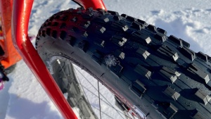 The 3.8-inch wide Maxxis Minion FBF front tire.