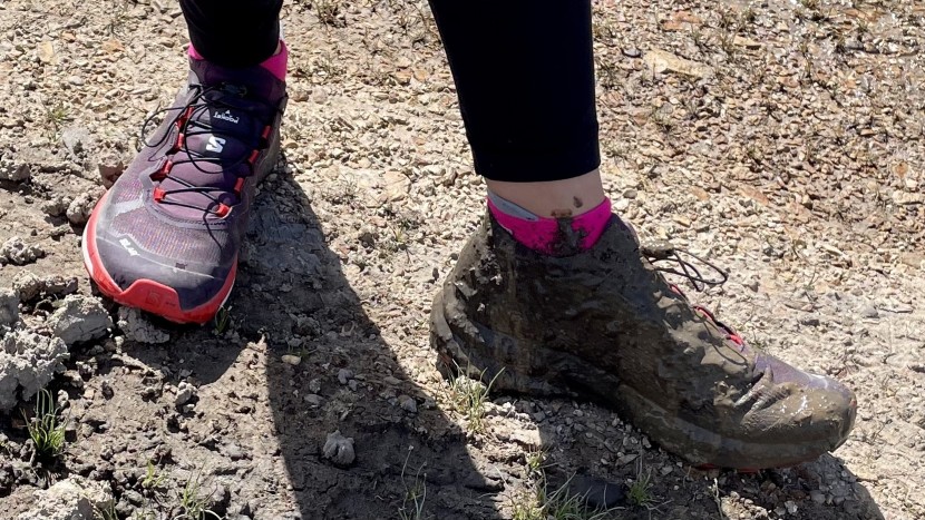 salomon s/lab ultra 3 for women - the moment immediately following an accidental spill into a mud...