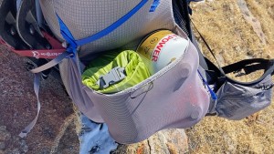 The Exos Pro 55's side pocket swallowed up our winter cook system...