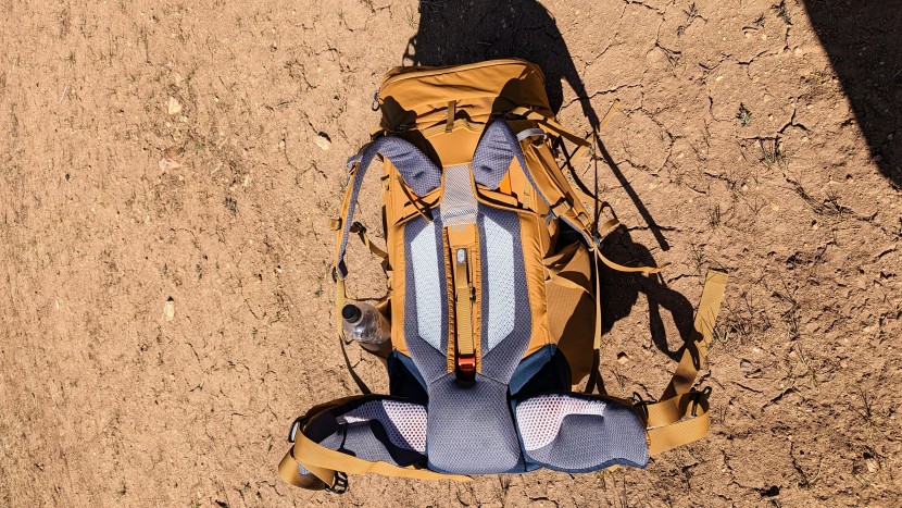 deuter aircontact core 65+10 - the generously cushioned back panel, shoulder straps, and hip belt...