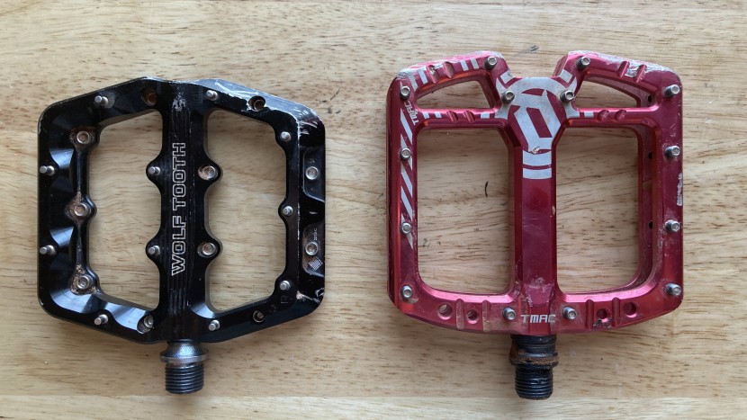 mountain bike flat pedals - the pedal on the left is considered the "small" waveform platform...