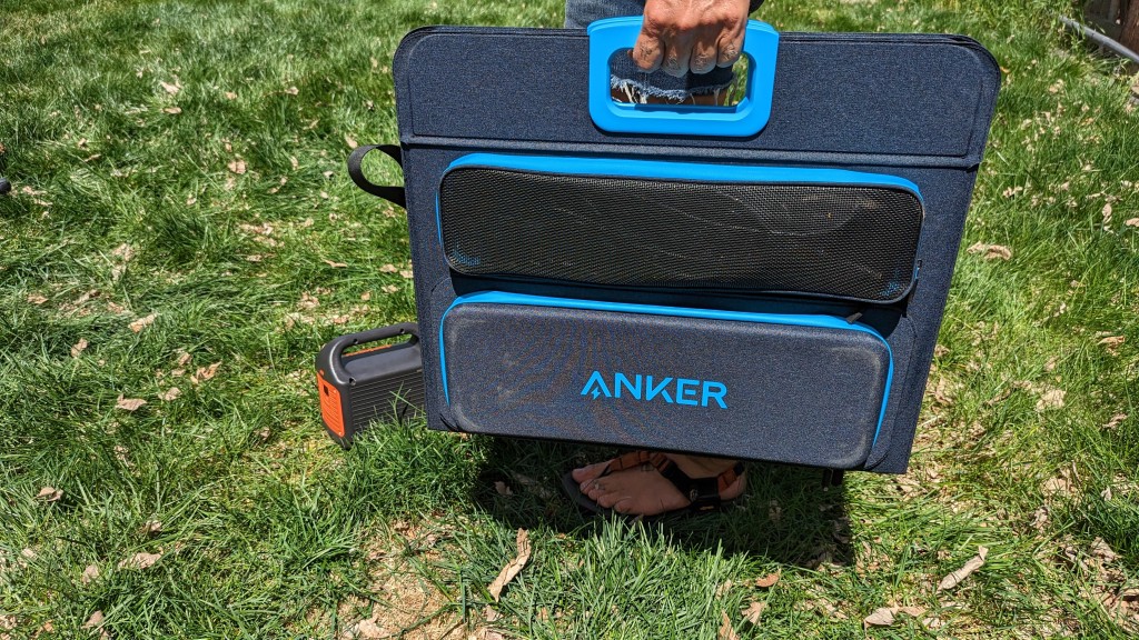 solar camping - the anker 625 folds into a small size and has an integrated handle...